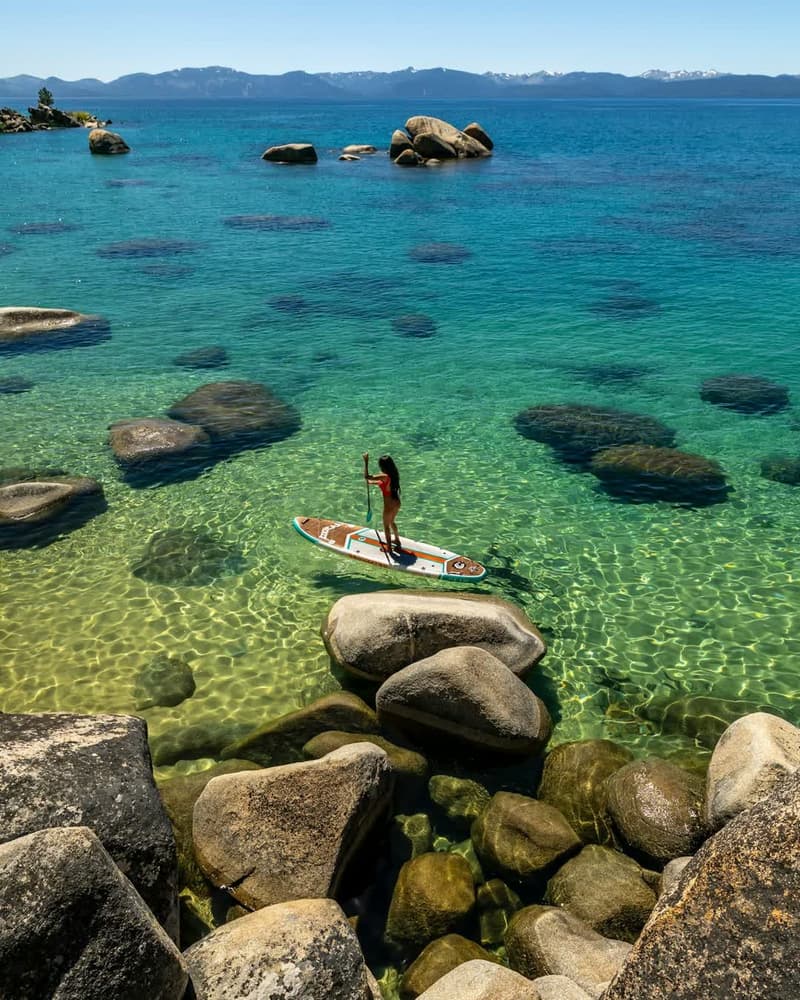 A stand-up paddleboarder on clear turquoise water by a pine-lined rocky shore.