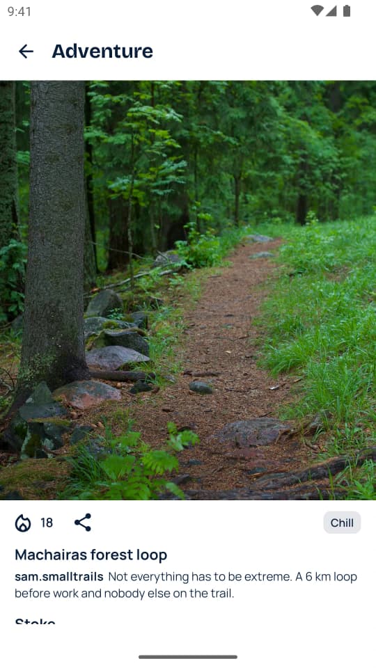An adventure in the app: a photo of a forest path, the flame Stoke button with its count, the Chill tier and a short story about a 6 km loop before work. Sample content.
