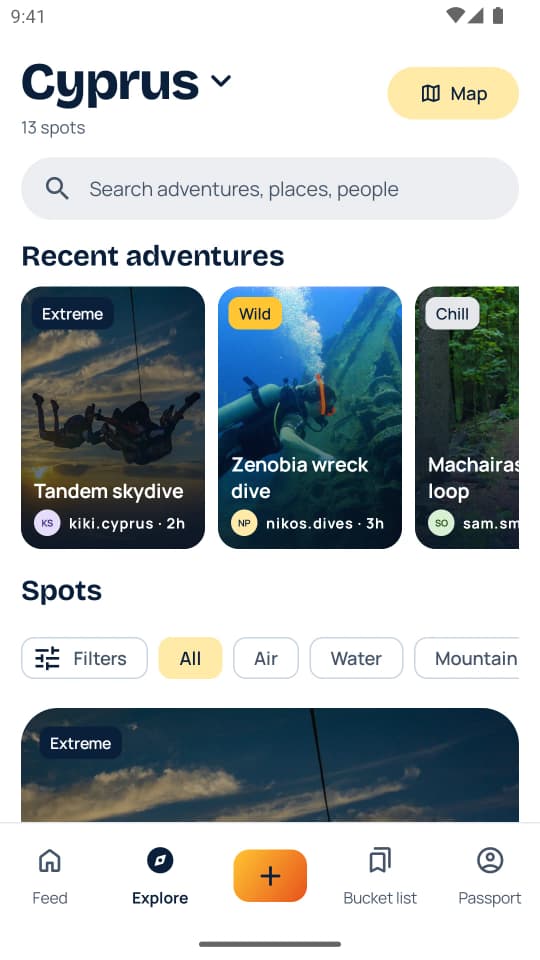Explore in the app with Cyprus selected: a search box, a strip of recent adventures marked Extreme, Wild and Chill, and category filters such as Air, Water and Mountain above the list of spots. Sample content.