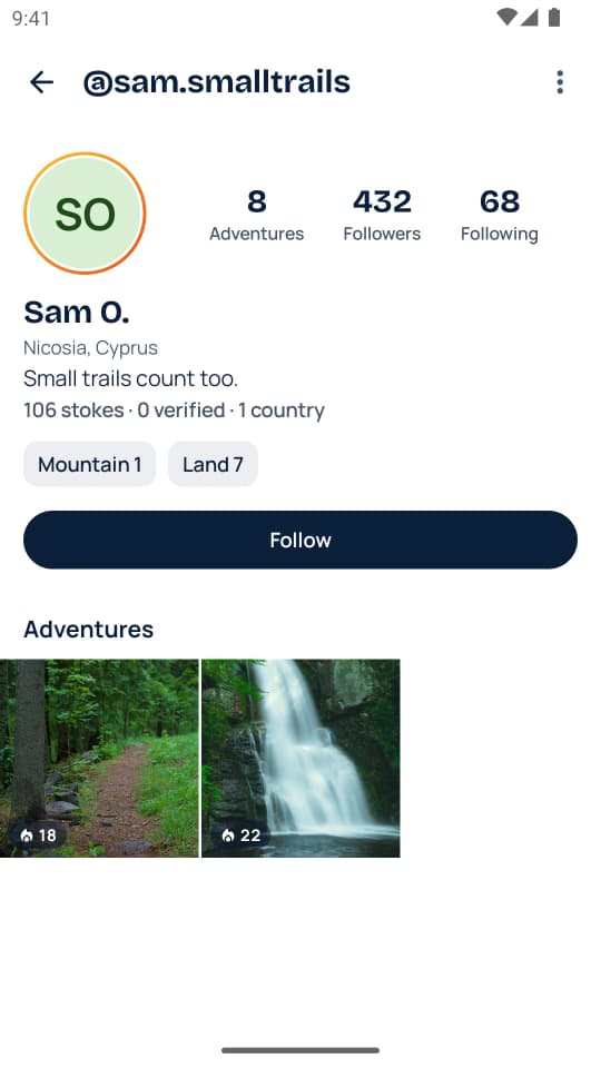 A profile in the app: counts of adventures, followers and following, totals for stokes and countries, counts by category, a Follow button and a grid of adventure photos. Sample content.